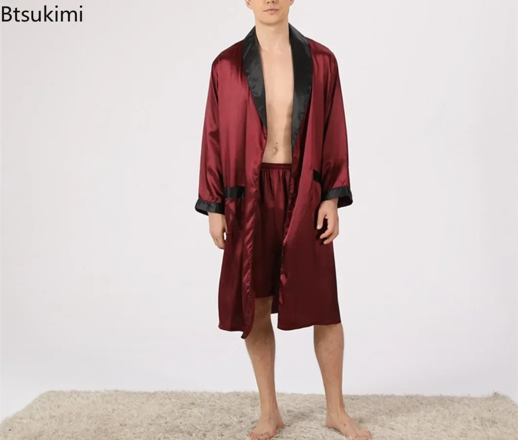 Set jubah sutra kasual untuk pria, jubah tidur & celana pendek dua potong, gaun Kimono nyaman Satin, pakaian Rumah Musim Panas 2024, gaun jubah mandi pria