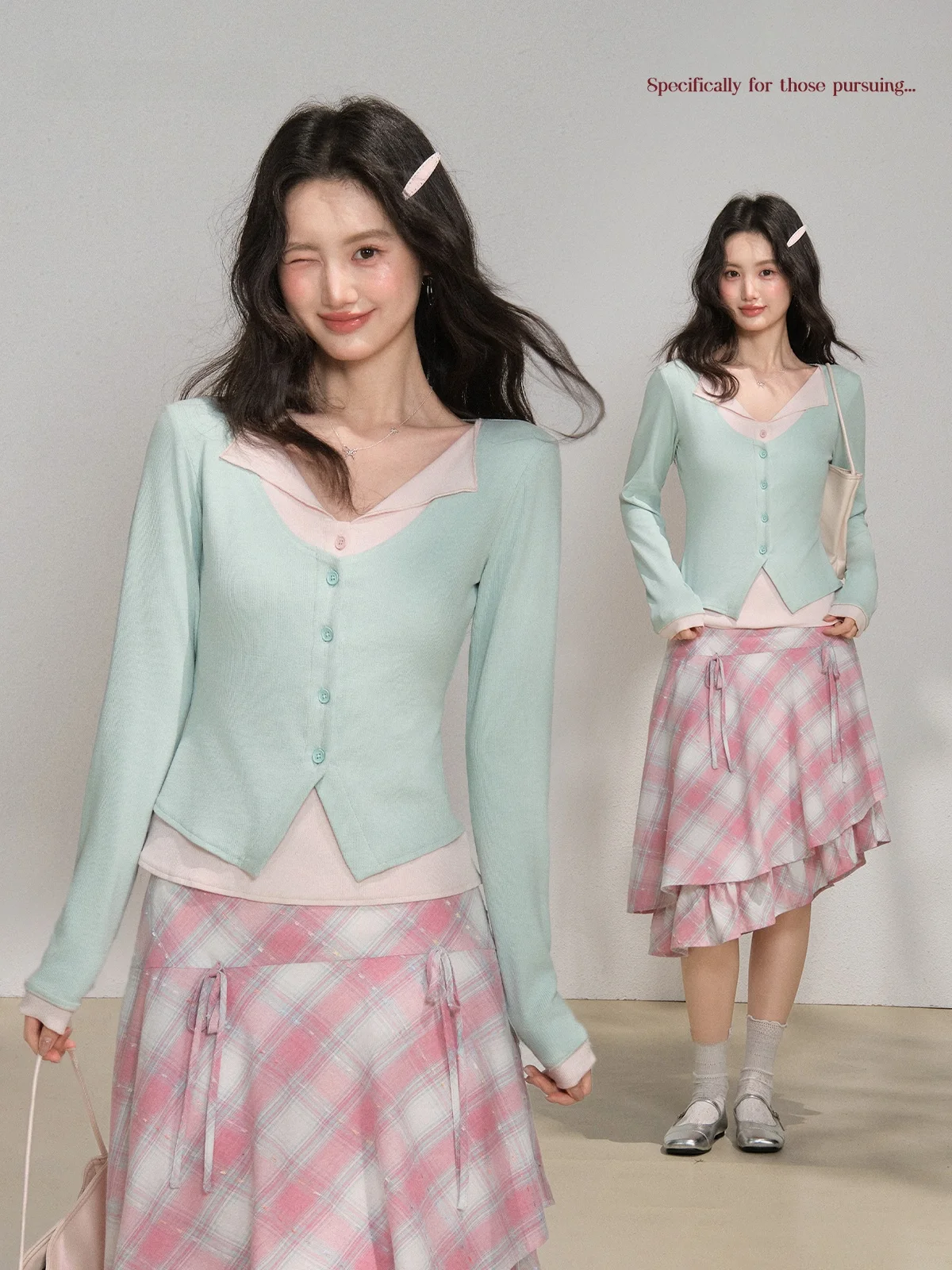 

Свободный топ с V-образным вырезом цвета мятной травы, женская повседневная весенняя модная футболка с длинным рукавом, имитация двухслойности, эластичный материал из полиэстера и хлопка