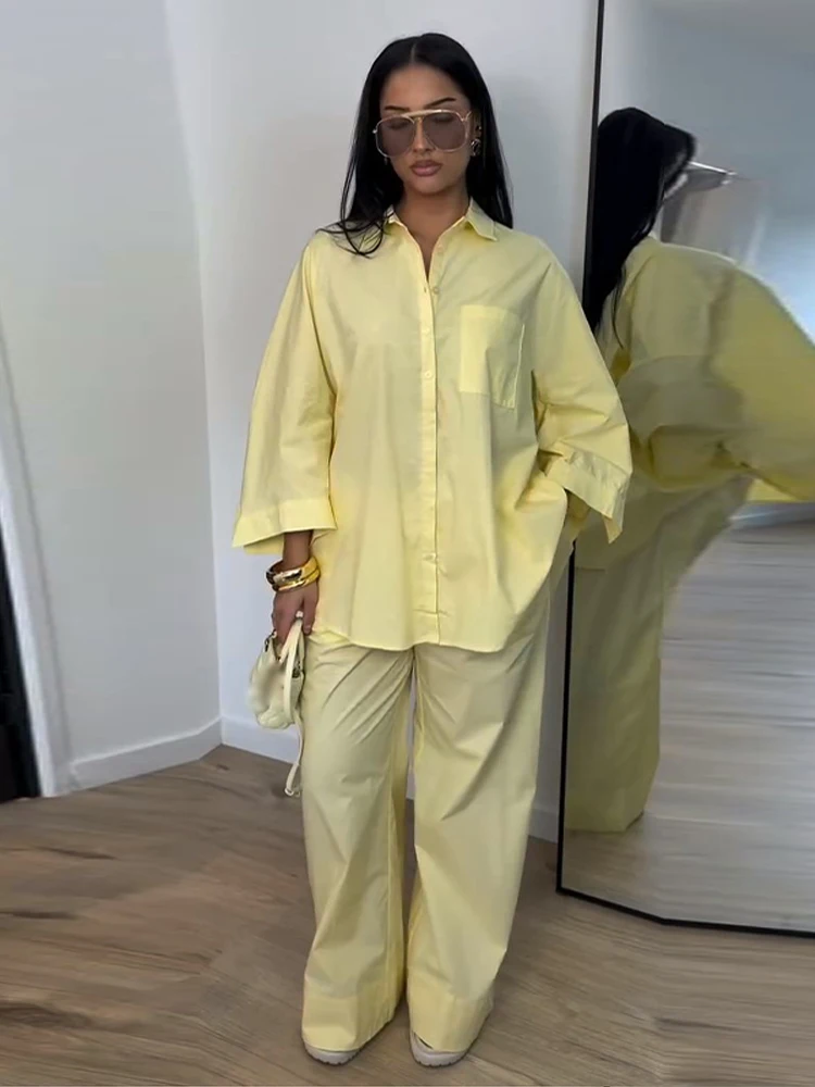 Elegante Damen-Hosenanzüge mit Revers: Oversized Hemd, Langarm-Bluse mit Knopfleiste, Weite Hose, Schickes Einfarbiges Outfit – Detail 24