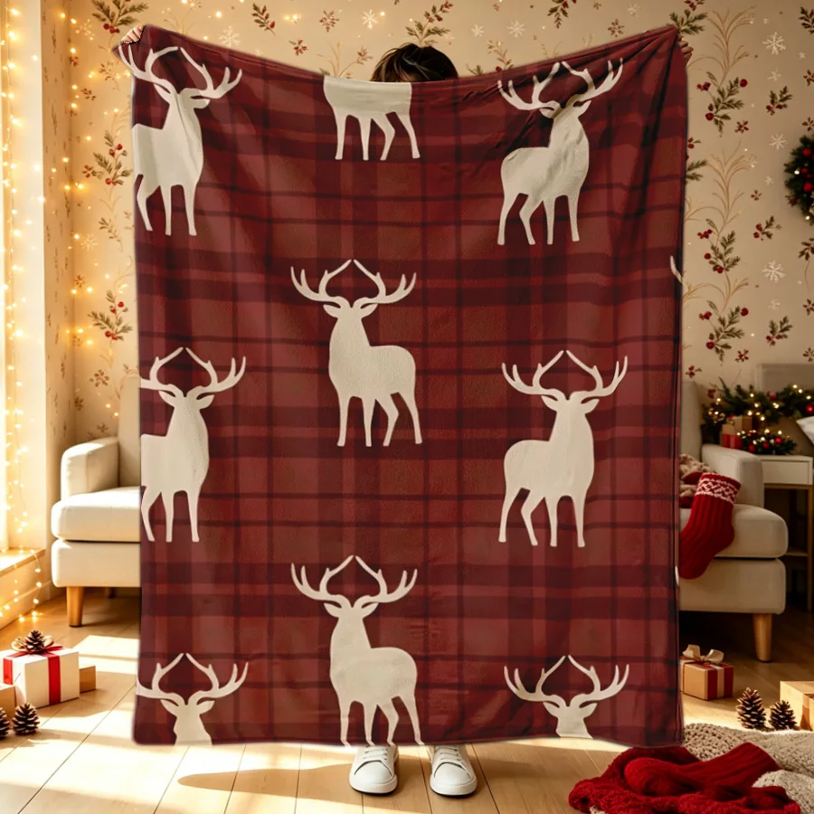 Christmas Beige Reindeer Red Tartan Plaid Flannel Throw Blanket, 2D Single-Sided Printed Holiday Decorative Blanket