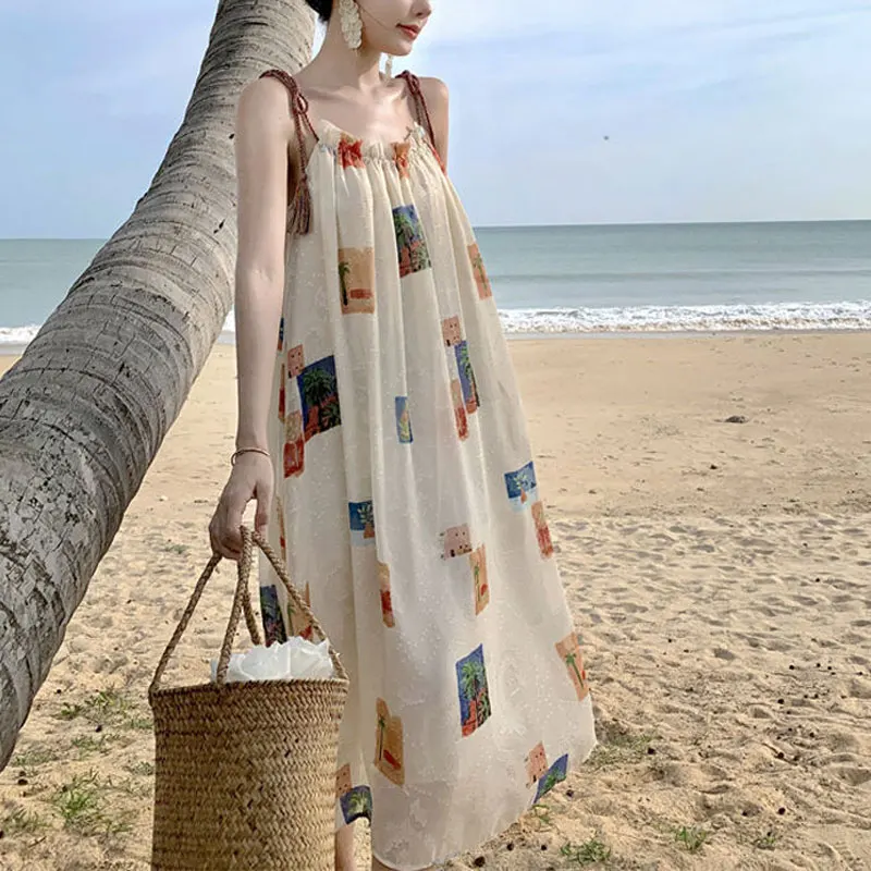 

Holiday Beach Style Printed Slip Midi Dress 2024 Summer Loose Stylish Shirring Women's Clothing O-Neck Casual Drawstring Dresses