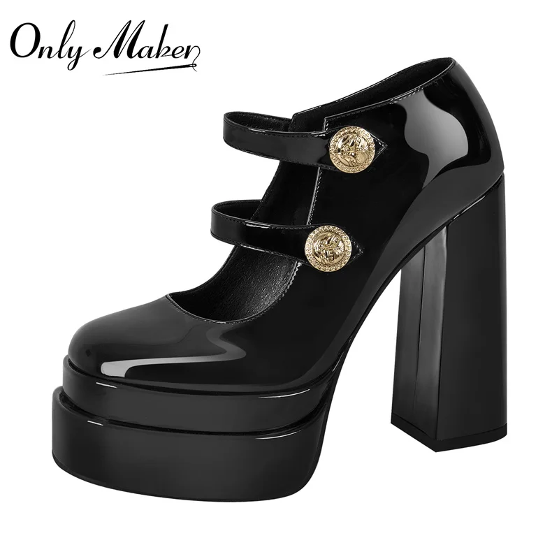 Onlymaker Woman Pumps Mary Jane Double Platform Stiletto Buckle Strap Chunky Ankle Strap Party Hoof Heel Plus Size Shoes