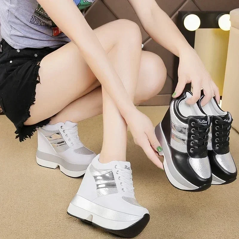 2023 Autumn Women High Platform Shoes Height Increasing Casual Shoes 12 CM Thick Sole Trainers Breathable Shoes Women Sneakers