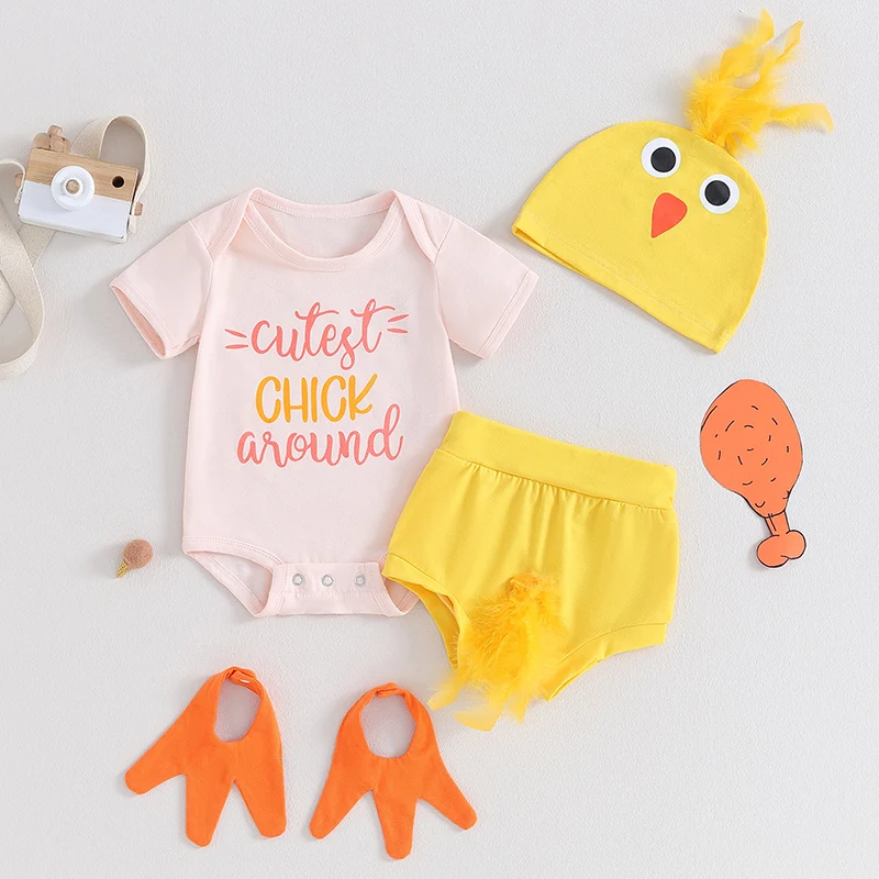 Baby Boy Girl Easter Chick Costume Outfit Short Sleeve  Romper Shorts Set Newborn Infant Clothes 4pcs