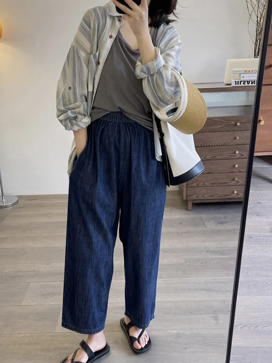 Celana Jeans Kaki Lebar Pinggang Tinggi Celana Denim Pelangsing Tipis Musim Panas Wanita Celana Jeans Bootcut Sembilan Poin Kasual Longgar