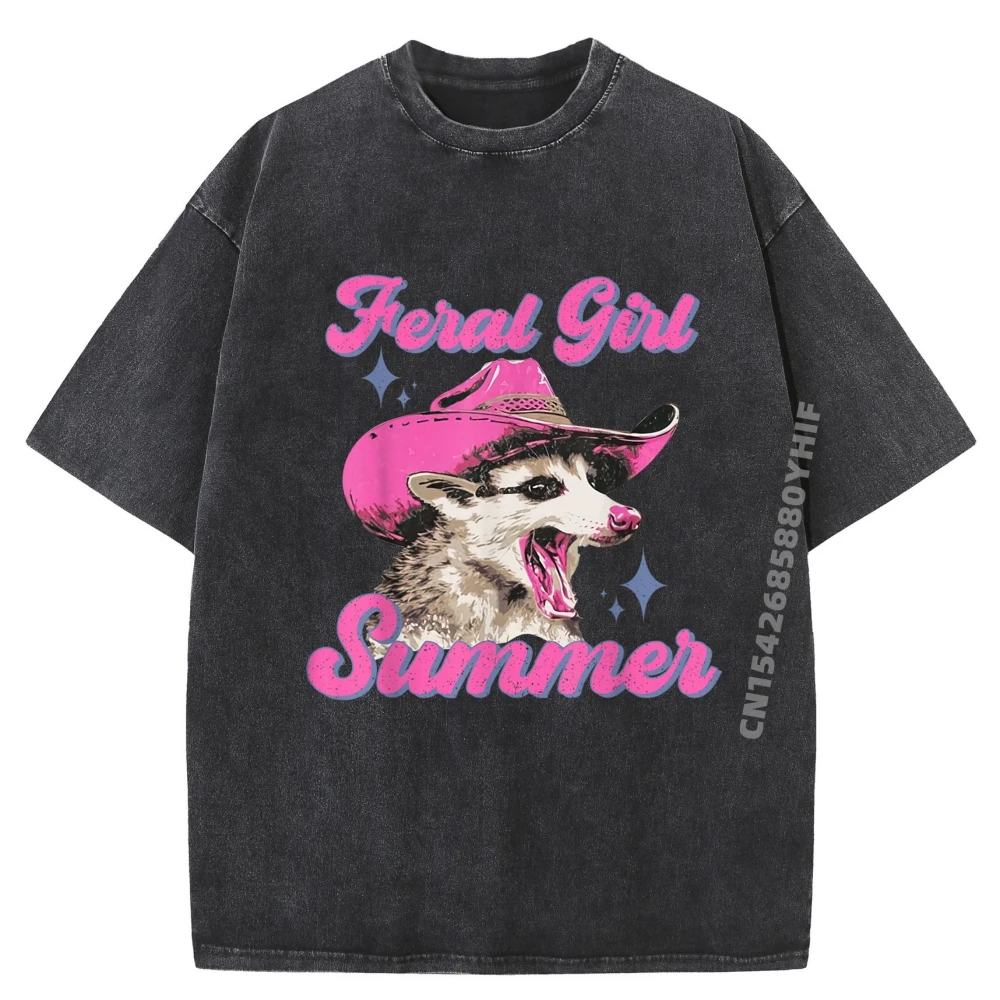 

Feral Girl Summer Opossum Funny Vintage Men's T-Shirts Graphic Shirt Retro washed T-shirt Mens Printed Clothes