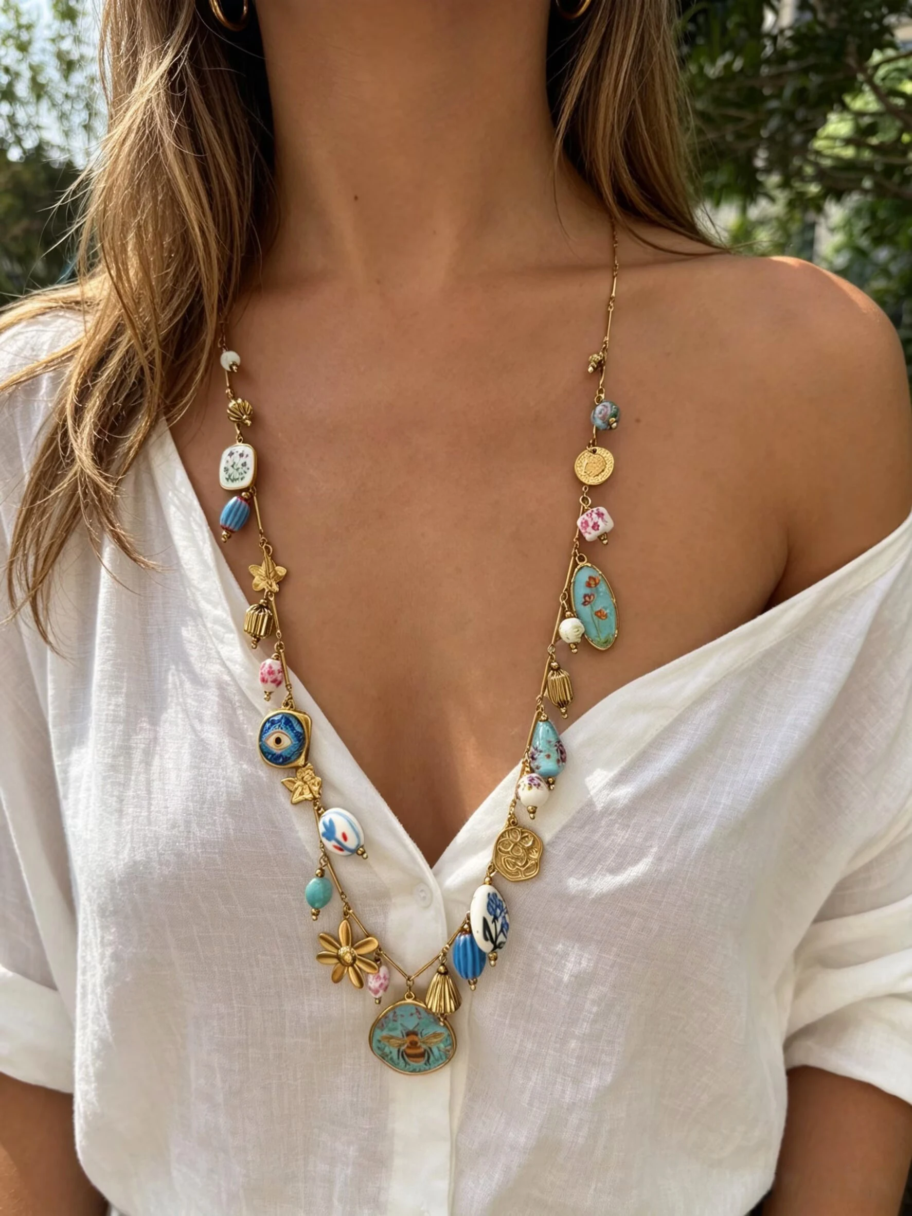 Peri'sbox Stainless Steel Ceramic Blue Bee Multiple Pendant Women Necklace Long Style Party Exquisite Luxury Jewelry Accessories