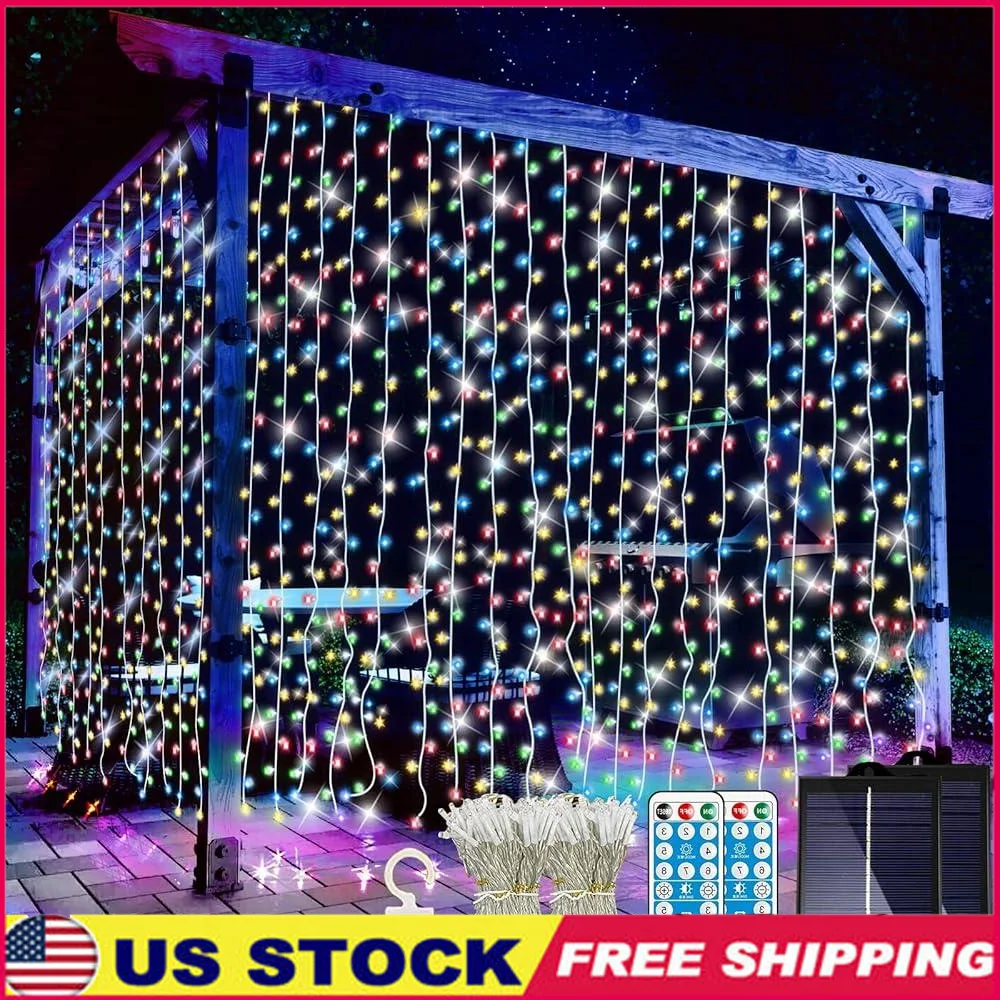 

2 Pack Solar Curtain Lights 300 LED Remote Control Outdoor Waterproof Fairy String Lights 8 Modes Timer IP65 Garden Wedding