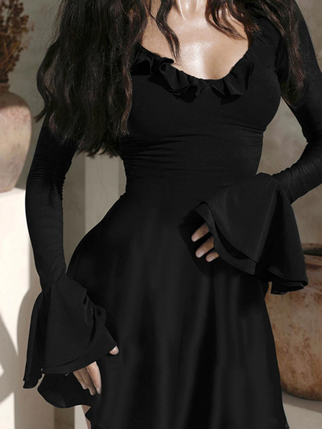 Mini robe élégante unie à col en v pour femmes, manches longues évasées, ligne a, robe basique à lisière filandreuse, automne