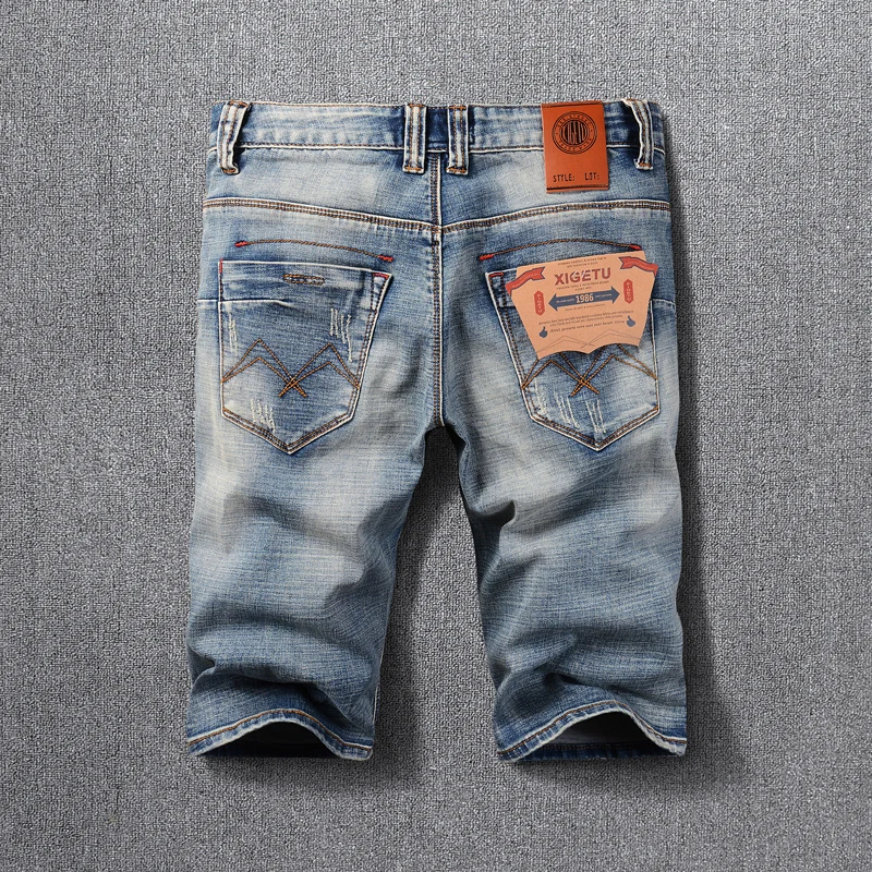 Summer Designer Fashion Men Jeans Shorts Retro Blue Patched Destroyed Ripped Short Jeans Men Vintage Casual Denim Shorts Hombre