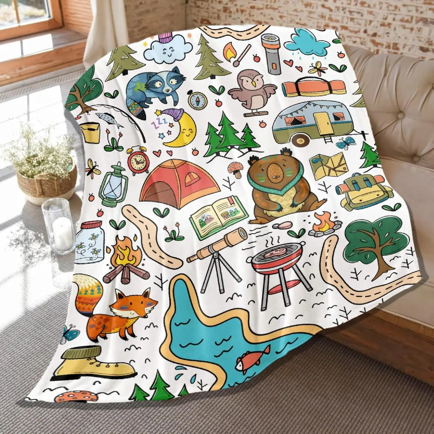 Cute Doodle Wild Animal Camping Gear Forest Lake Seamless Pattern Flannel Throw Blanket Cozy Cover for Boys Bedroom Cabin Home
