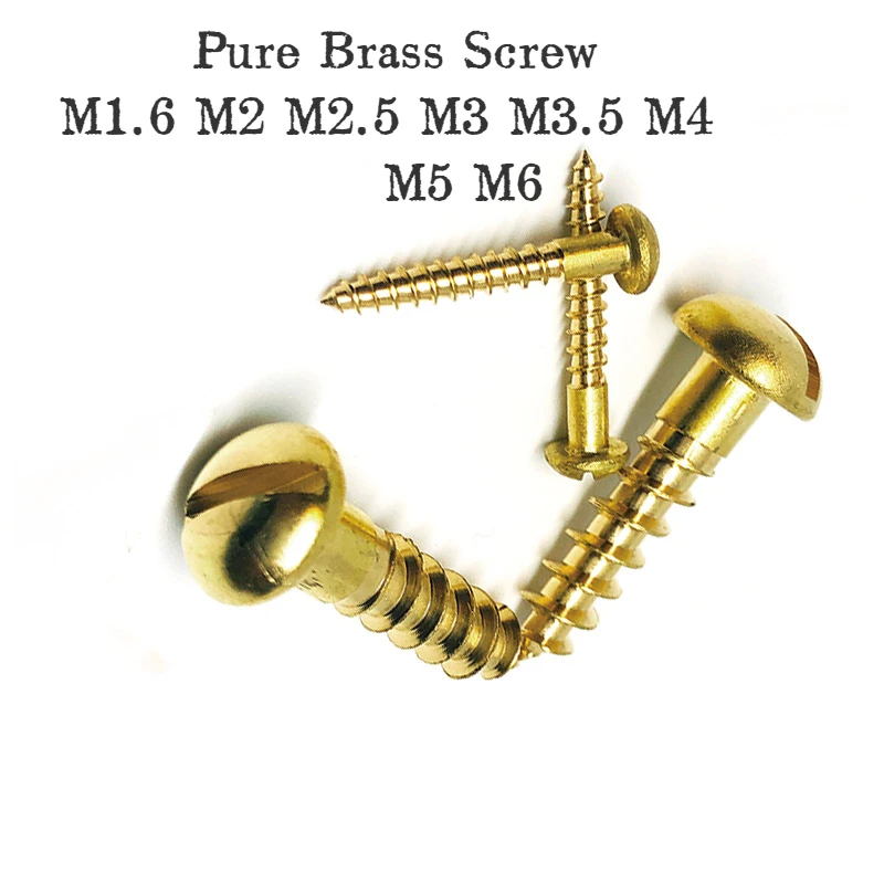 20/50/100pcs Brass Slotted Pan Head Screw Pure Brass Self Tapping Round Head Wood Screws M1.6 M2 M2.5 M3 M3.5 M4 M5 M6