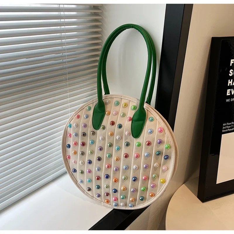 Colorful Rivet Canvas Circular Shoulder Bags Large Capacity Unique Design Casual Tote Bags for Women 2024 Fashion New Style