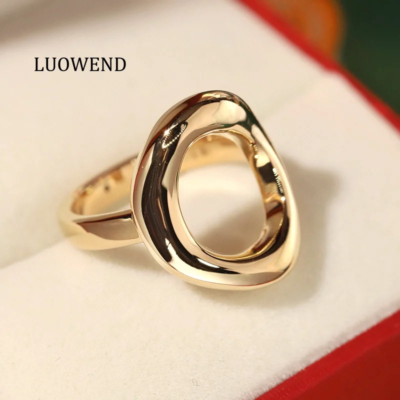 LUOWEND 100% 18K Yellow Gold Rings Fashion INS Style Cute O-Shape Cocktail Ring for Women High Party Jewelry Anniversary Gift