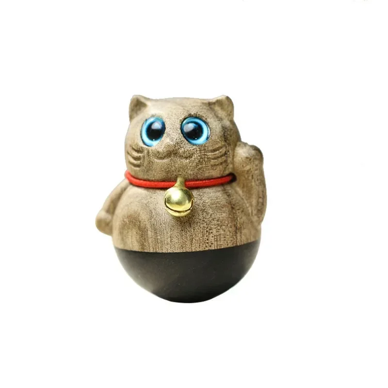 Wood Tumbler Ornaments Wooden Cat Pet Carvings Home Decoration Decompression Toys Birthday Gifts Wood Statue Cat Sculpture Decor