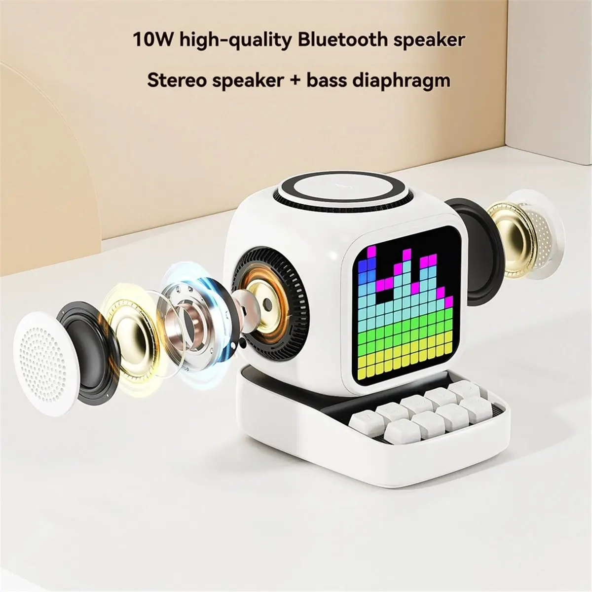 T19C Retro Pixel Art Bluetooth Speaker 15W Wireless Charger Clock White Noise Speaker Home Decoration Cute Gift Black view 6