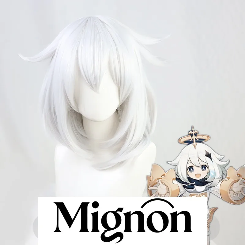 Genshin Impact Paimon 배너 소녀 코스프레 가발 여행자 실버 그레이 인버티드 보브 재고 있음