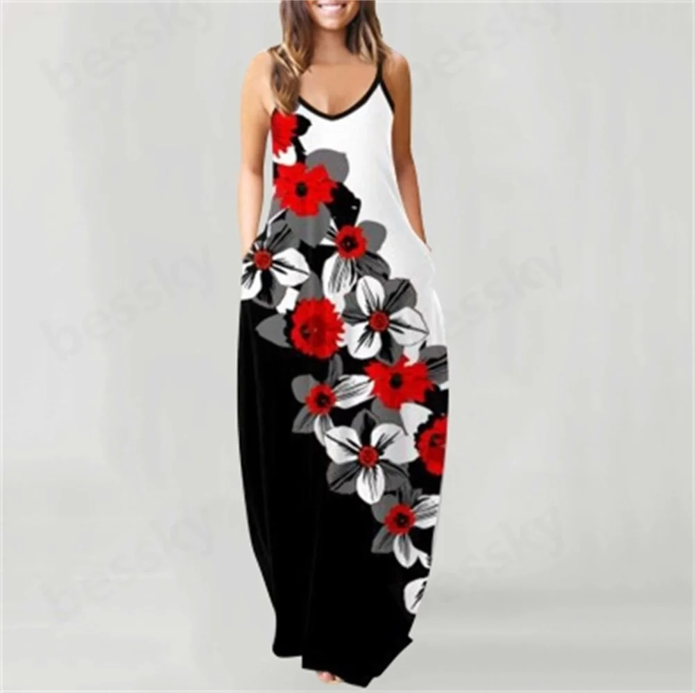 

Women's Casual Long Dress Crewneck Butterfly Flower Print Large Halter Style Maxi Gown for Spring Summer Autumn