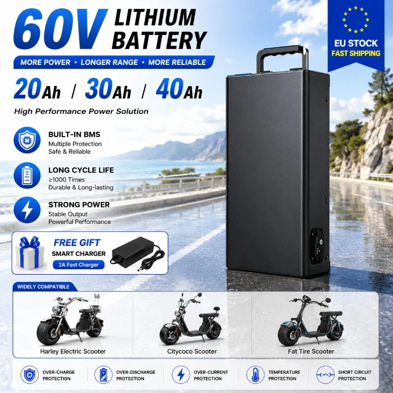 Für Harley-Style CityCoco Elektroroller Batterie 60V 20Ah 30Ah 40Ah Elektromotorrad Lithium-Batterie 18650 Zellen Wasserdichter Batteriepack mit 67,2V Ladegerät EU-Lokallager