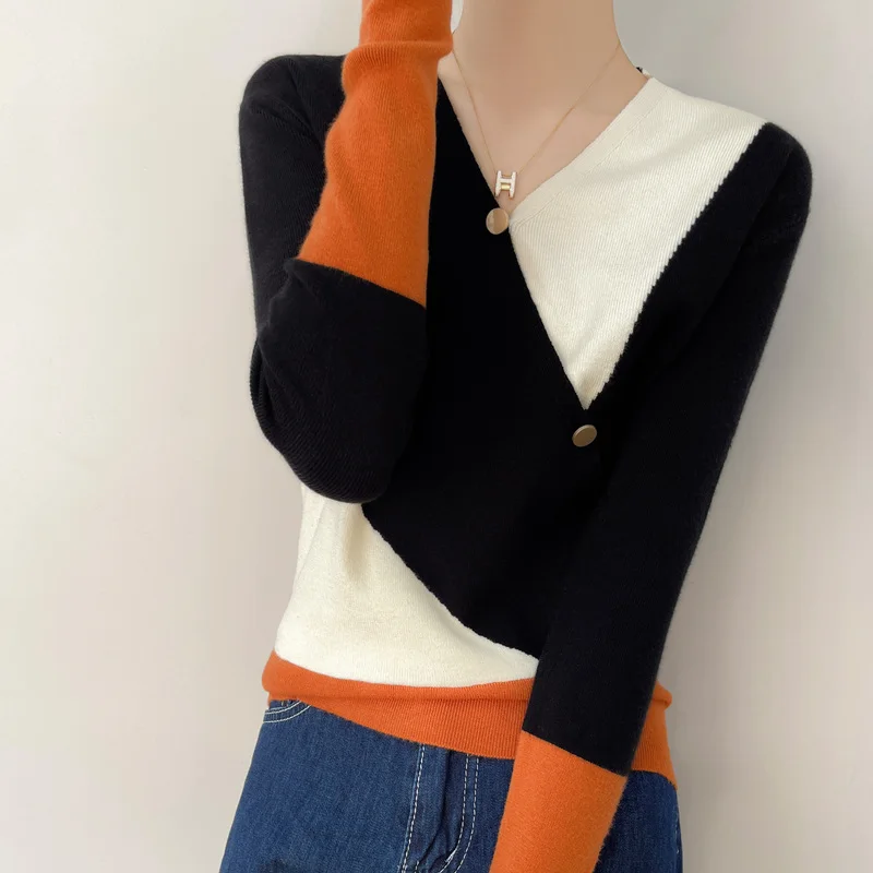 Women Cashmere Sweater V-neck Autumn and Winter Color blocked fake cardigan Knitted Cashmere Sweaters Women