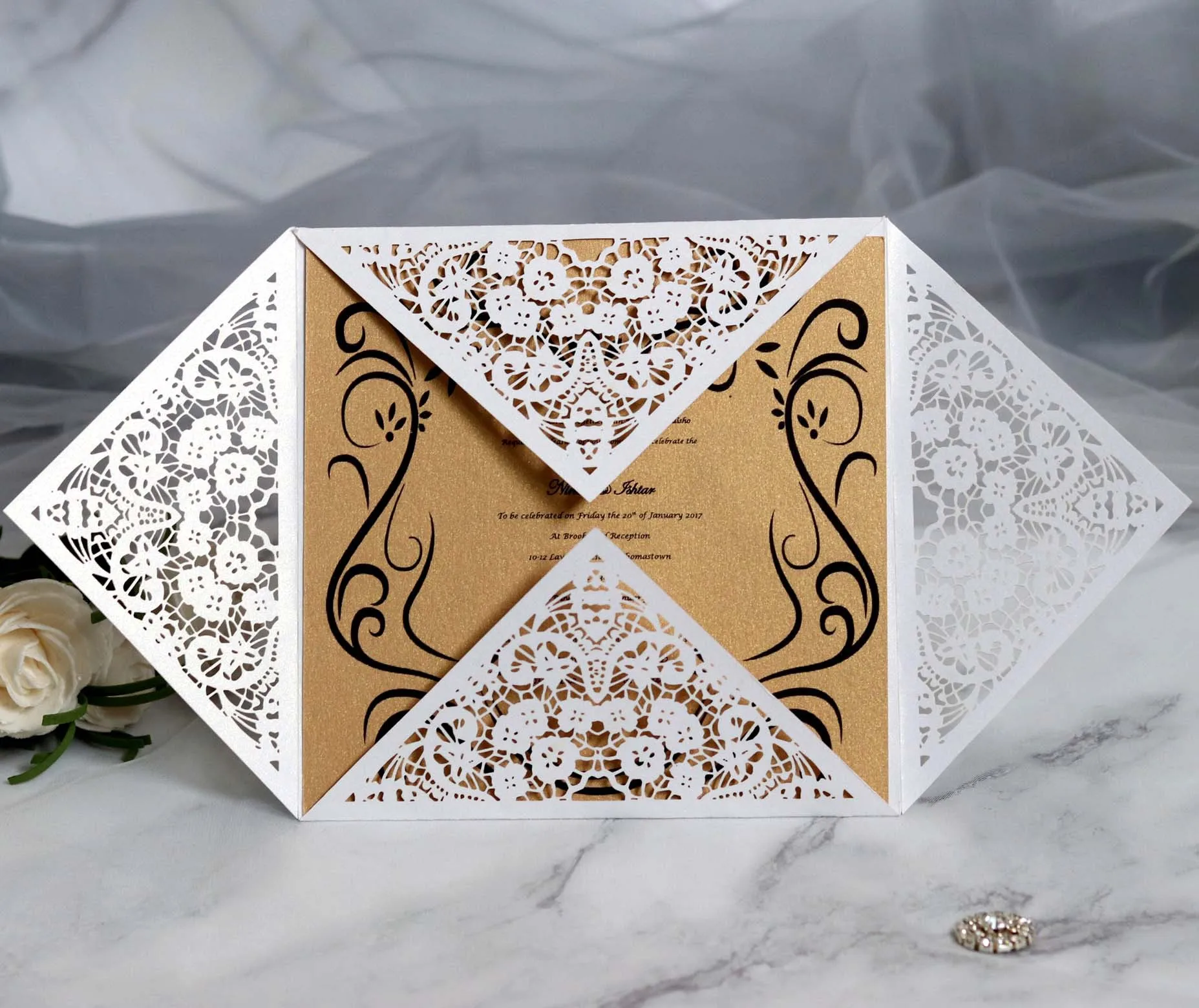 White Square Hollow Lace Flower Invitations, Laser Cut Greeting Cards, Christmas Thanksgiving Cards, Birthday Party, 50Pcs