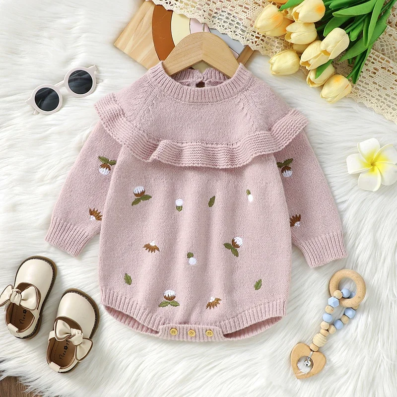 

Autumn Baby Bodysuit Knit Newborn Clothes 0-18M Overalls Tops Fashion Embroidery Ruffles Romper Infant Girl Jumpsuit Long Sleeve