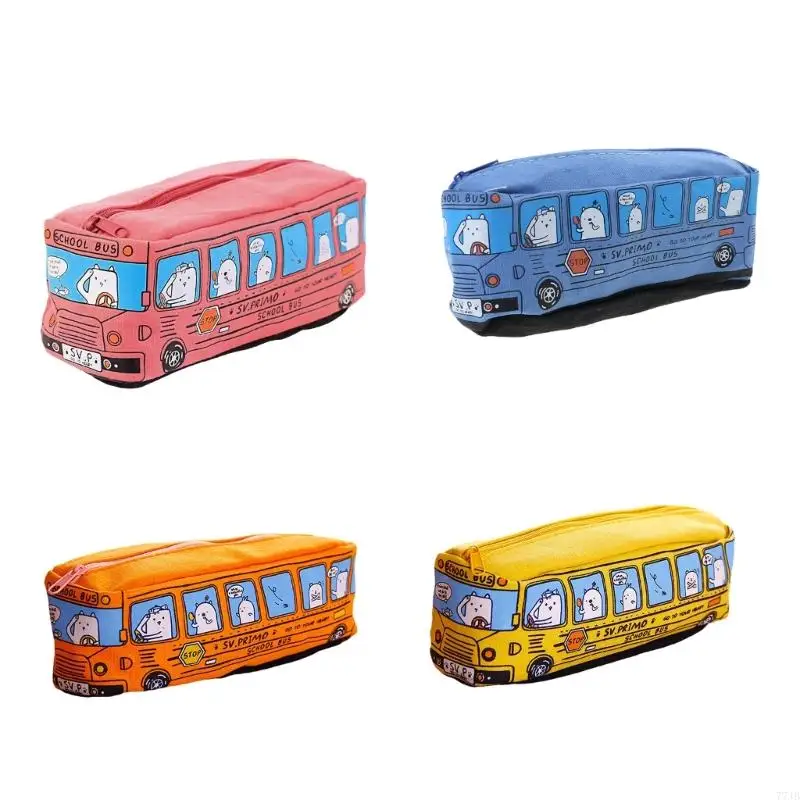 

77JB Cartoon Bus Shaped Pencil Case Canvas Pen Bag Big Capacity Zippered Pen Pouches