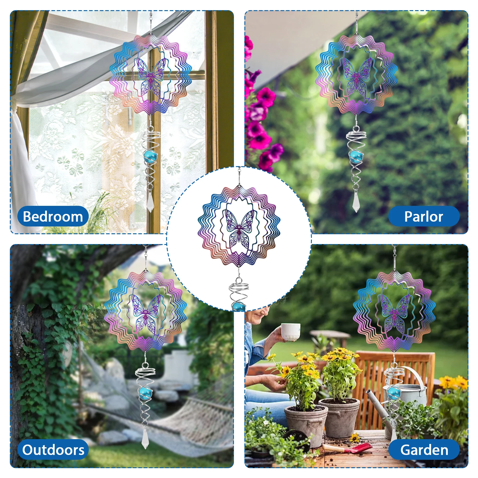 Hanging Wind Spinners for Garden Colorful Butterfly Wind Chimes 3D Metal Rotating Windchime For Indoor Outdoor Kinetic Yard Art