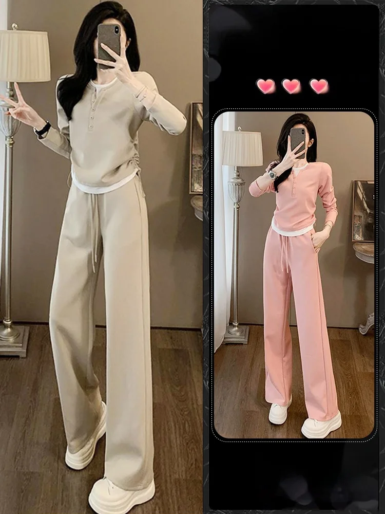 

Casual Sportswear Set for Women Long Sve Sweatirt Wide Leg Pants Two Piece Suit Autumn Faion Comfortable Cotton Blend