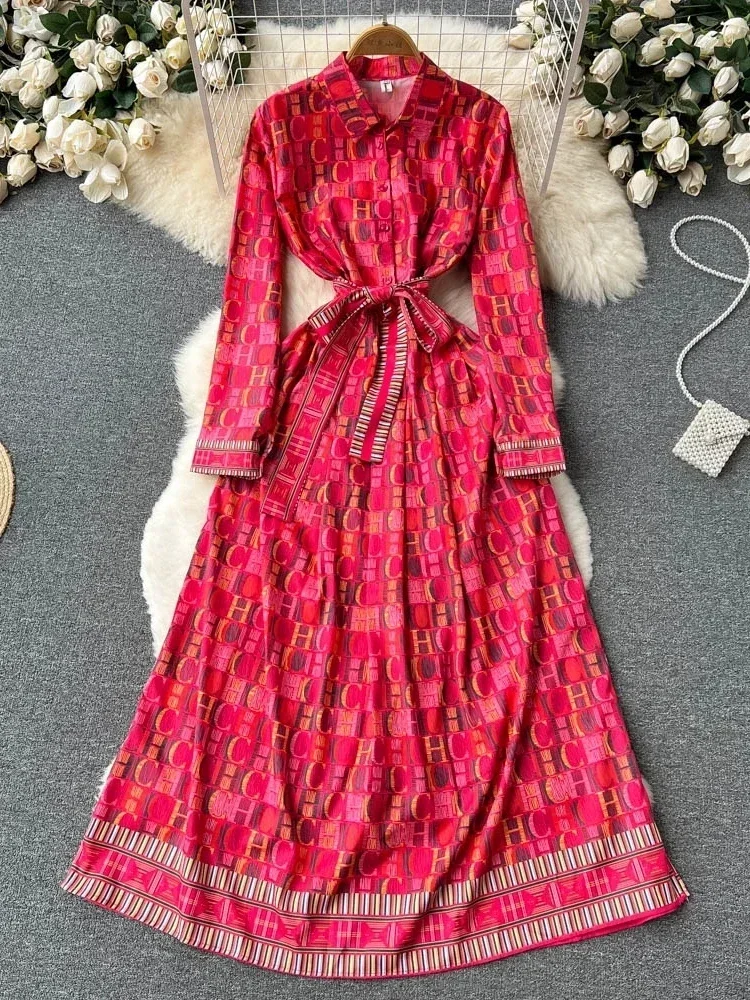 2024 Spring Autumn Dress Women Red Letter Printed Long Sleeve Single Breasted Belt Office Lady Vintage Elegant Long Dresses