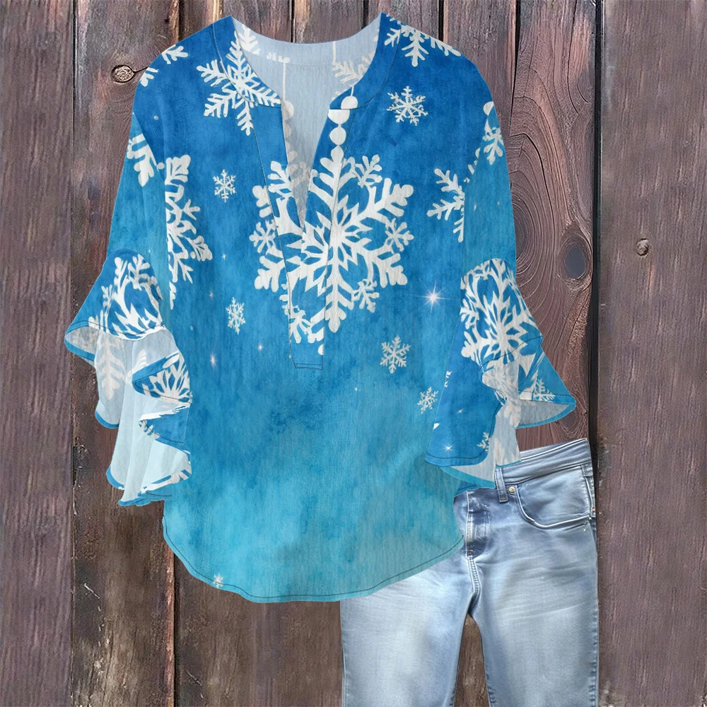 

Women's Festive Snowflake Print V-Neck Blouse Bubble Crepe Gradient Color and Flared Bell Sleeves Christmas Party Holiday Wear