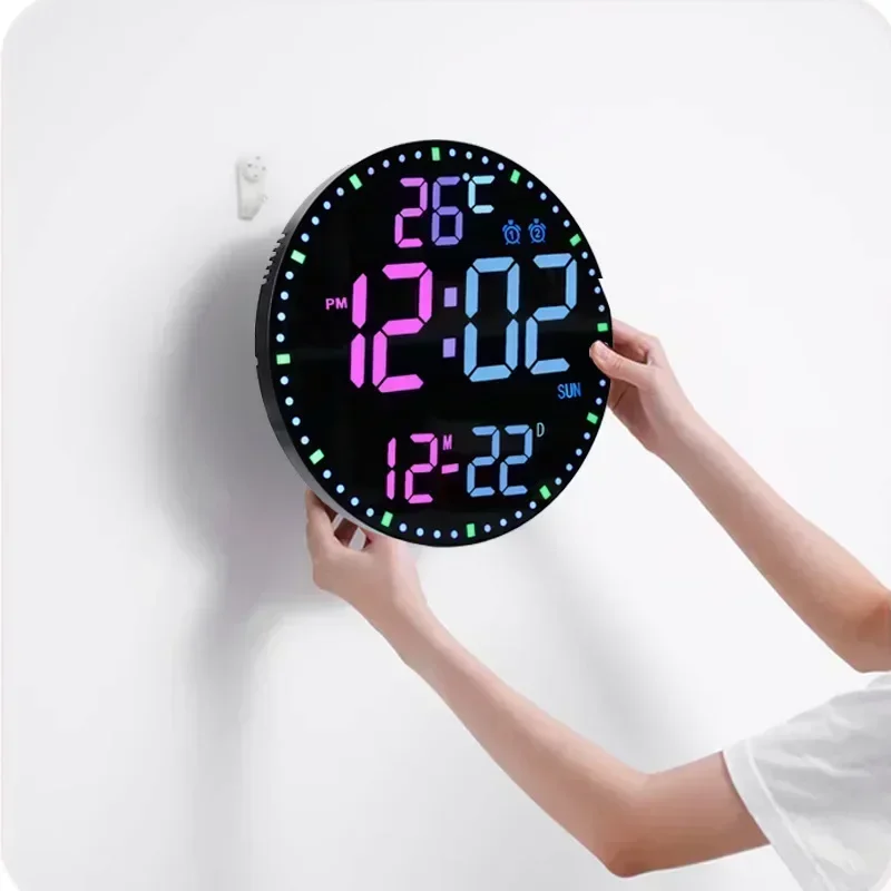 Imagem -04 - Led Despertador de Parede com Calendário Brilho Inteligente Exibição de Temperatura Pendurado Colorido Relógios Inteligentes Decoração Home