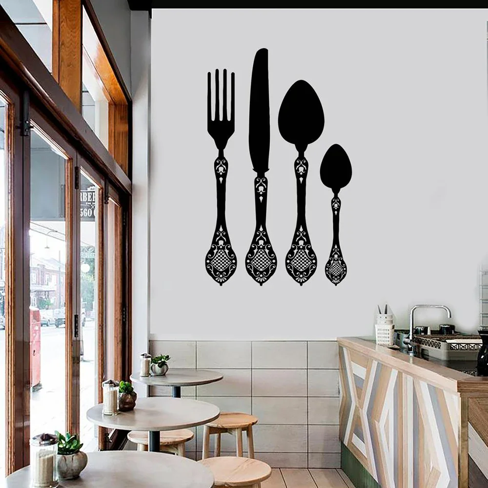 Spoon knife and fork Wall Decal Kitchen Utensils Ornaments Awesome Vinyl Wall Sticker for Kitchen and Restaurants Decor C435