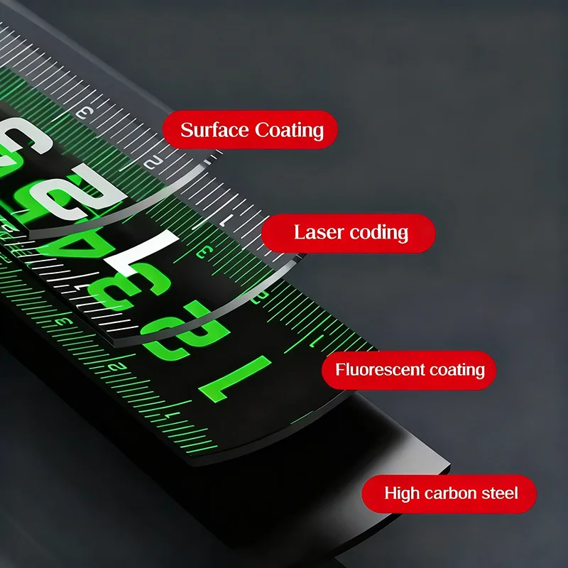 شريط قياس فلورسنت ذاتي القفل احترافي 3/5/7.5/10 متر، شفرة متينة واسعة مع مقياس متري، قياس عالي الدقة #3