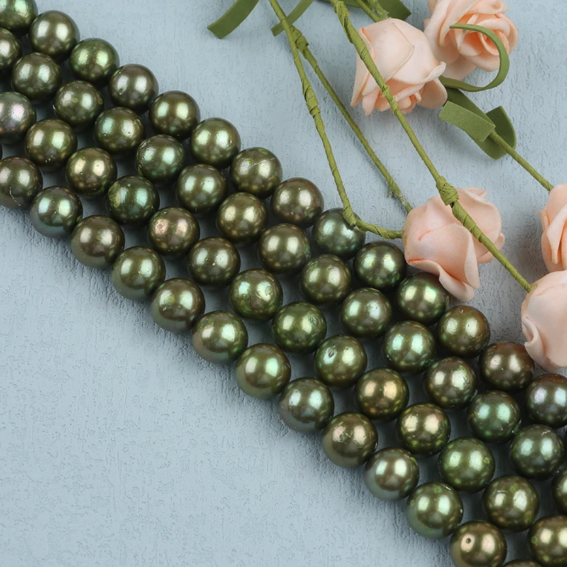 12-14mm Gold And Green Color Round Edison Shape Freshwater Pearl Strands For Sale