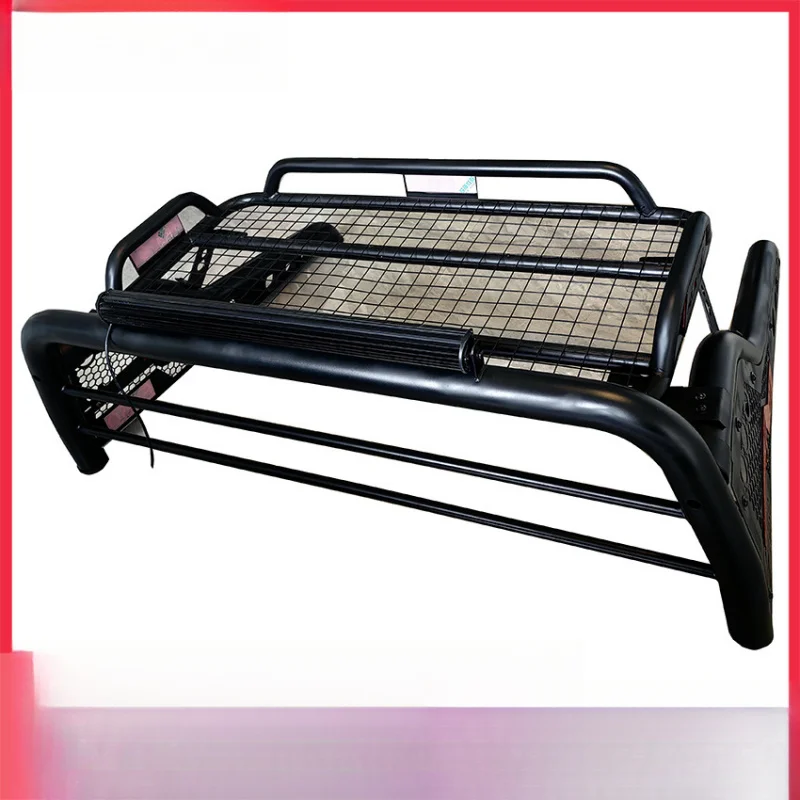 Pickup truck modification accessories include luggage rack, heavy-duty steel roll bar, and vehicle gantry