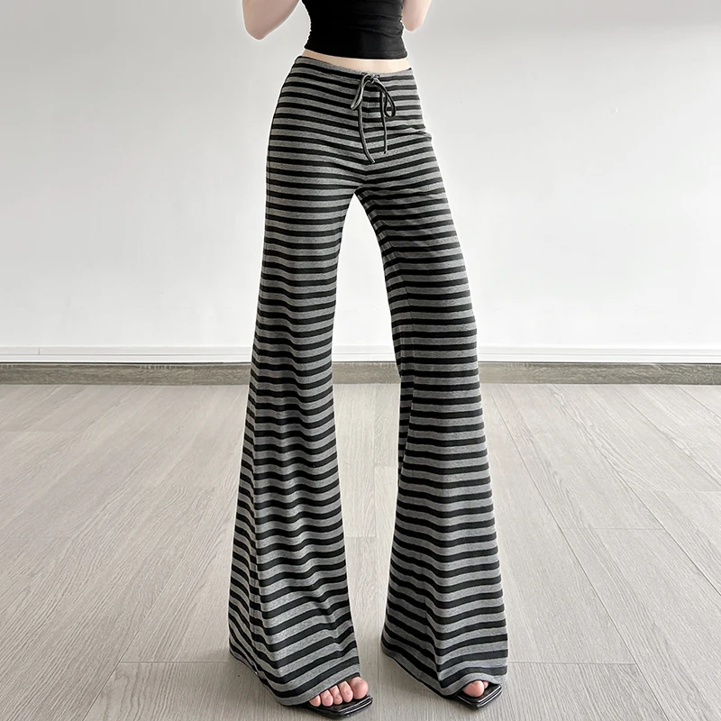 Casual Striped Bandage Wide Leg Pants Basic Loose Mid-Waisted Pants Women 2025 Autumn Spring Fashion Streetwear Homewear Ladies