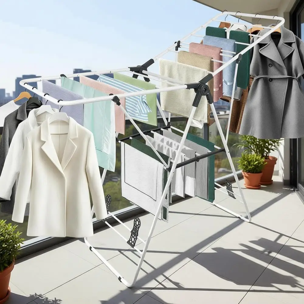 

Регулируемая по высоте металлическая складная сушилка для белья, экономит место, идеально подходит для использования в помещении и на улице, белая, отдельно стоящая.