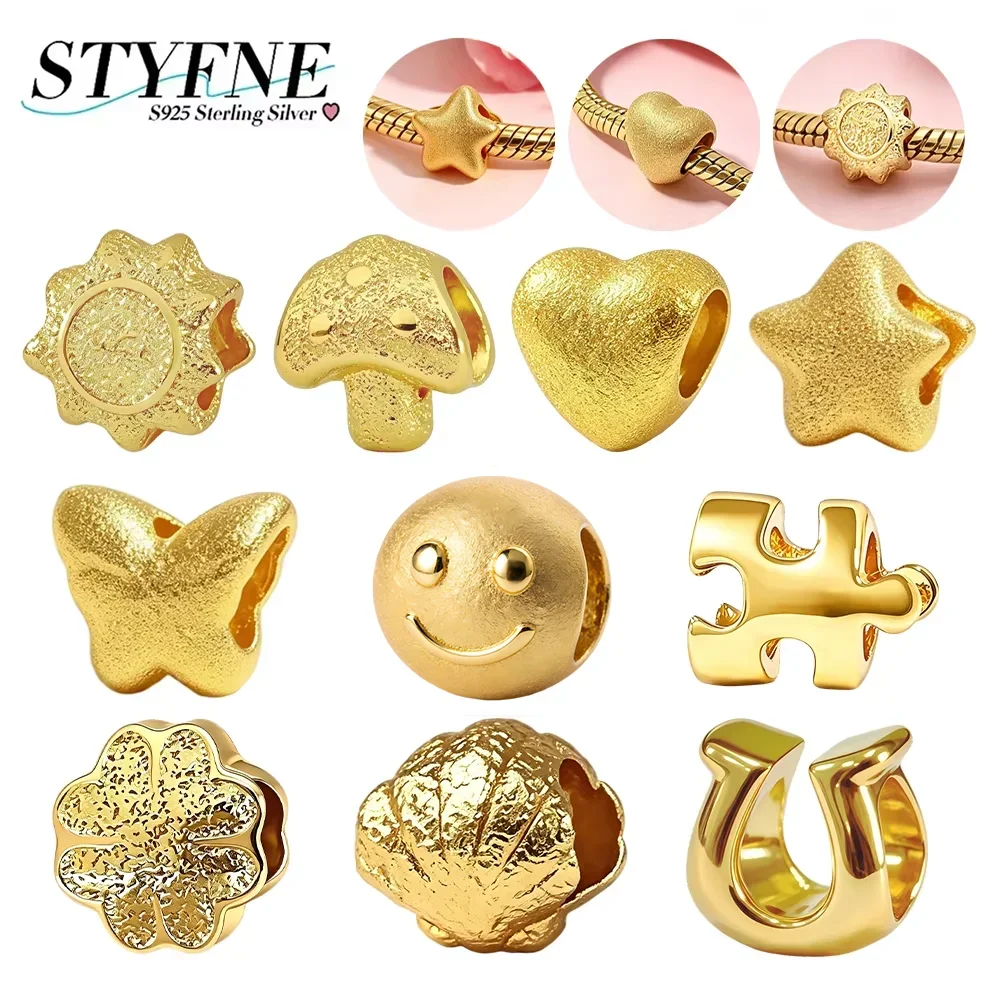 Charms 925 Silver Gold Matte Texture Heart Star Mushroom Butterfly Four Leaf Clover Beads Fit Bracelet Bag Keychain DIY Jewelry