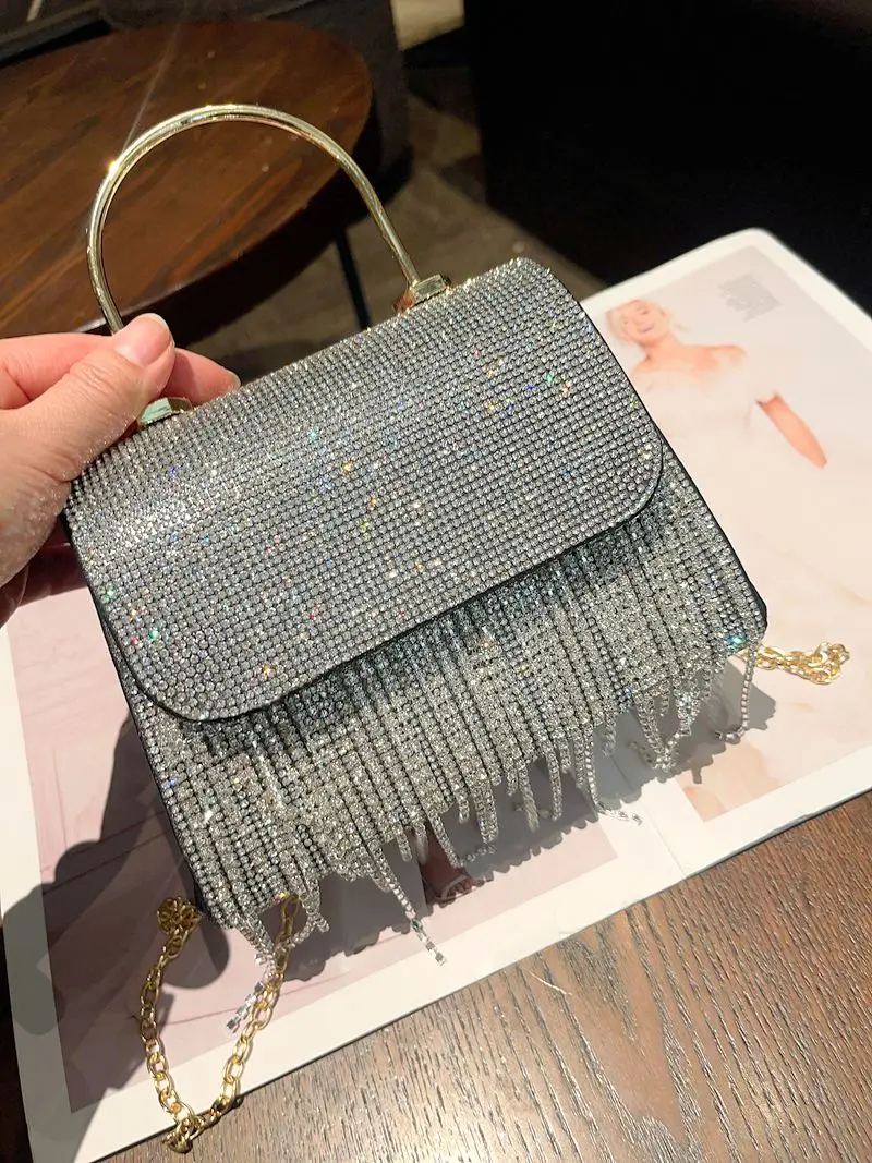 Luxury Tassel Glitter Shiny Rhinestone Diamond Evening Bag Women's Handbag Wedding Party Clutch Purse Shoulder Crossbody Bag