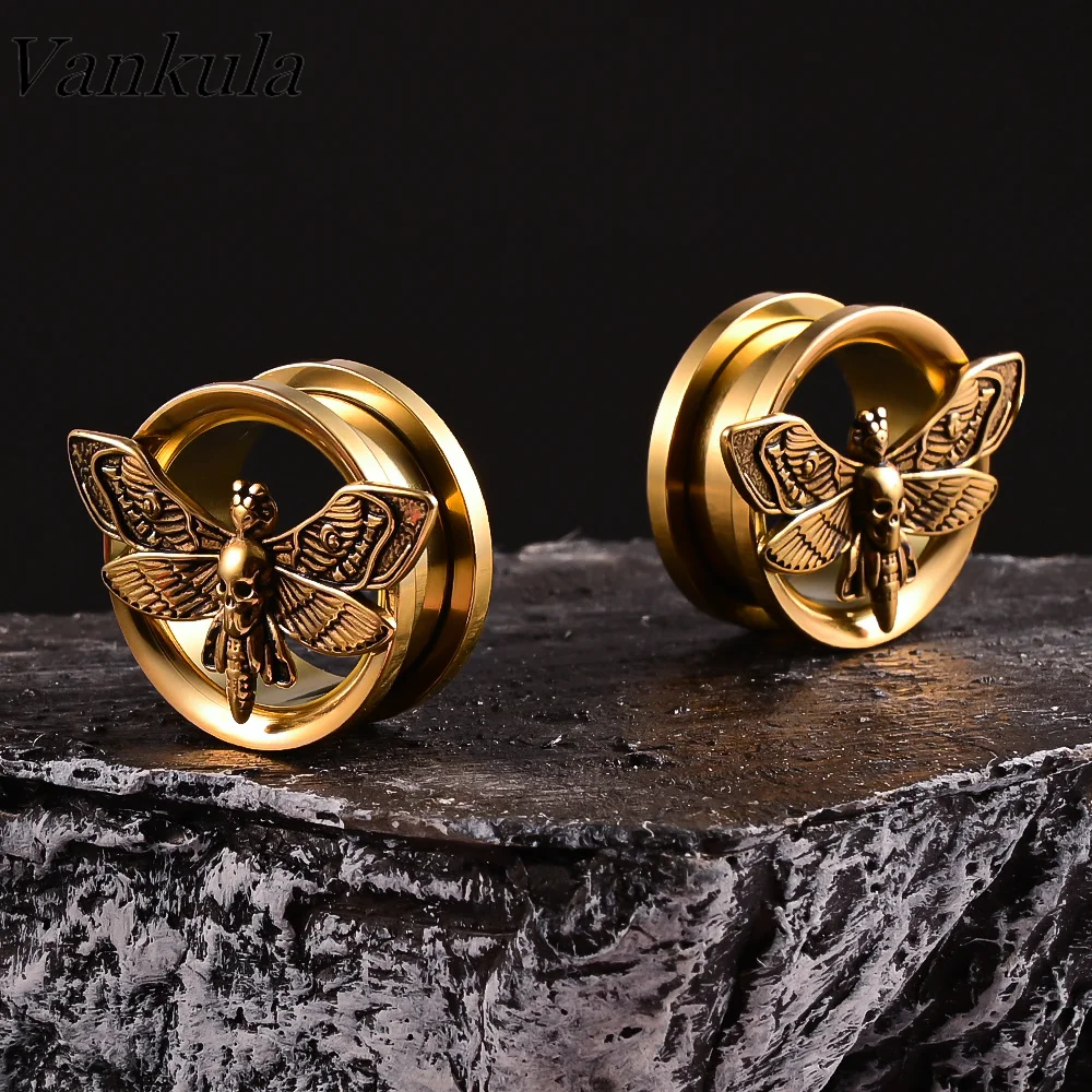 Vankula 2PCS Stainless Steel Ear Gauges Plugs Death Moth Teardrop Double Flared Tunnels Plugs Stretcher Plugs Piercing Jewelry