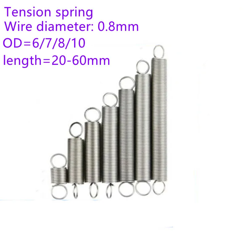 5pcs/lot 0.8mm Stainless Steel Tension Spring Extension Spring Outer Diameter 6mm/7mm/8mm/10mm Length 10-50mm