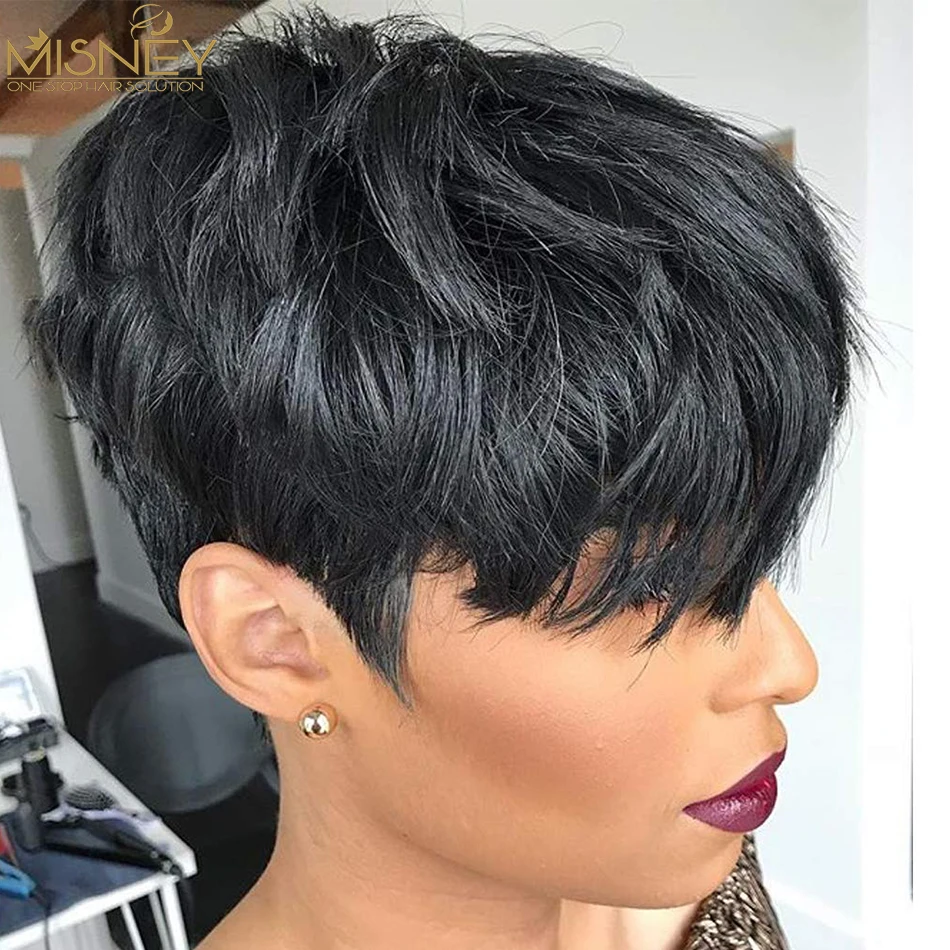 Human Hair Short Wigs Pixie Cut Wigs with Bangs Short Black Layered Wavy Wigs for Women 6inch 1B Color Full Machine Made