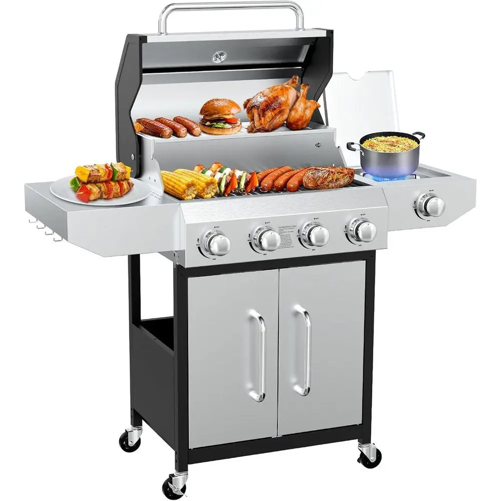 

4-Burner Portable Propane Gas Grill with Side Burner, 60,000 BTU Stainless Steel Outdoor BBQ Grill with Wheels for Patio and Cam