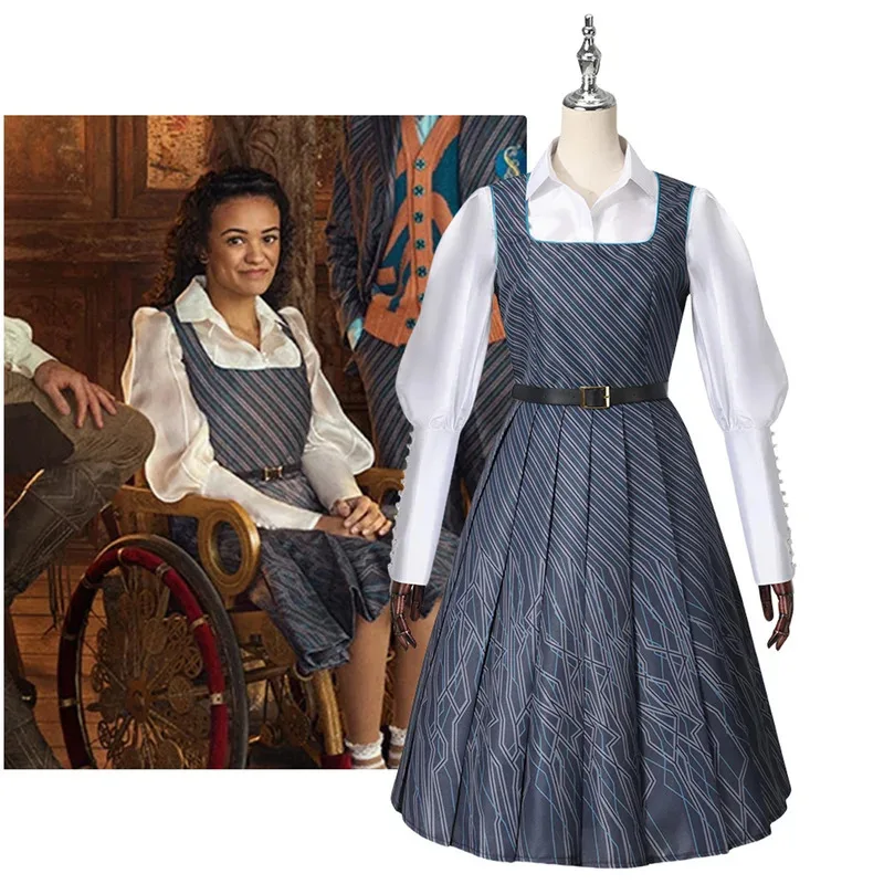 

lili 123Movie Witch Nessarose Cosplay Costume Role Playing Full Suit Shirt Striped Dress with Belt for Woman Halloween Party Out