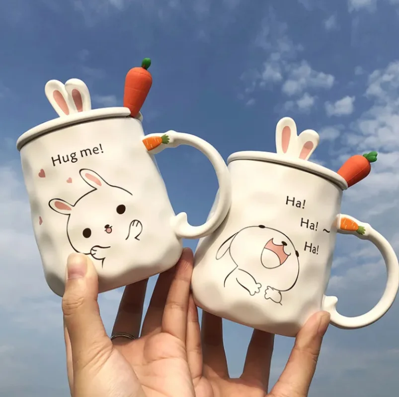 

Super Cute Cartoon Bunny Mug with Lid and Spoon Ceramic Cup Adorkable Rabbit Gift Cup Lady's Most Favorite Household Drinkware