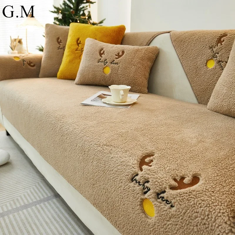 

Christmas Winter Imitation Lamb Plush Sofa Towel Nordic Simple Non-slip Sofa Cover Universal Couch Protector for Living Room