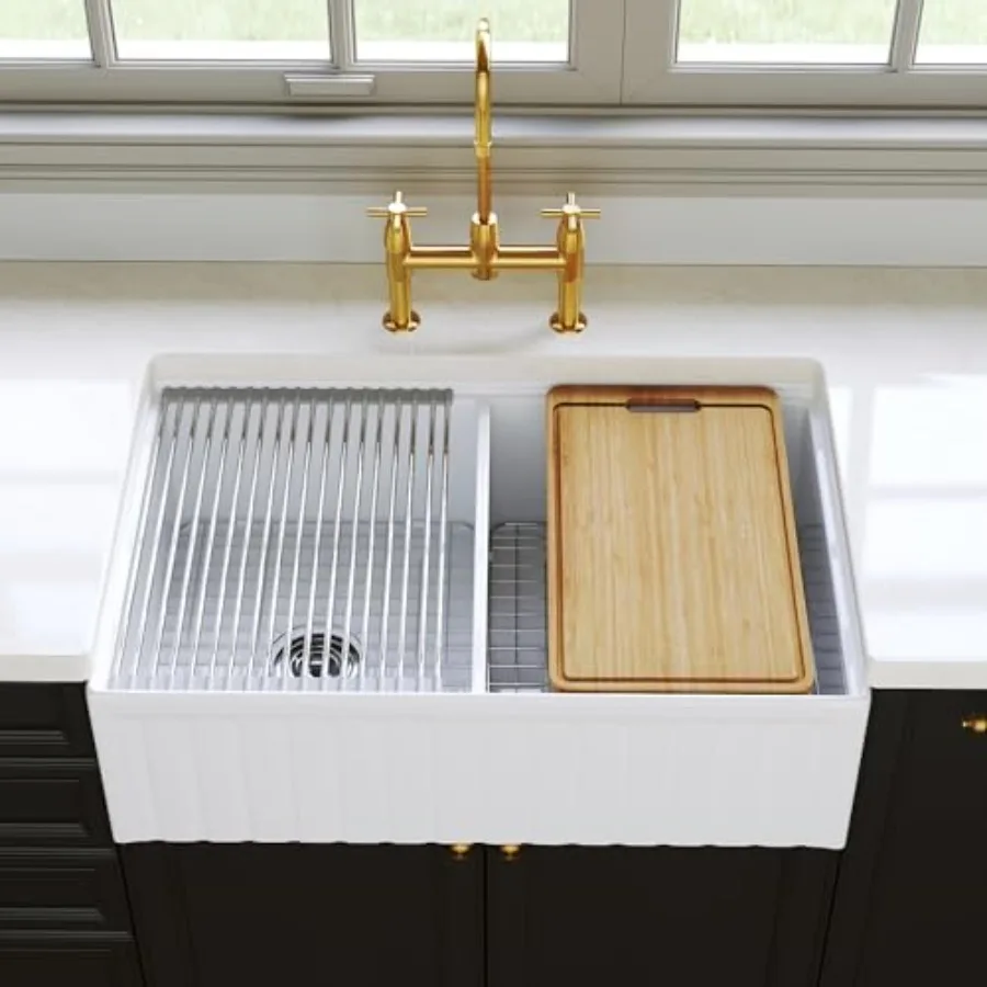 

Double Bowl Farmhouse Sink 33 Inch, Reversible Apron Front Kitchen Sink White, Undermount Dual Basin Workstation Sink with Cutt