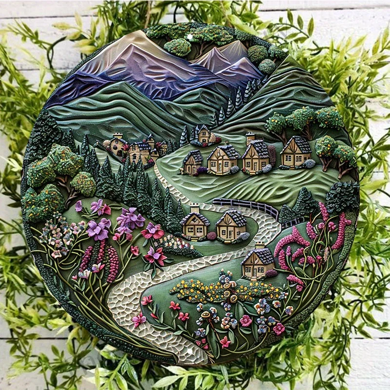 

Aluminum Metal Sign Wall Decor, Round Village and Green Mountains Art Print, Waterproof and Weather Resistant, Home Decor