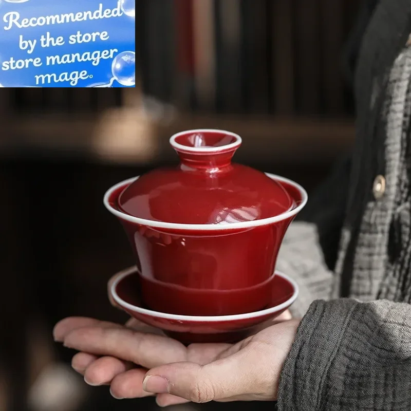 

Lang Honglongsheng крышка чаша красная глазурь красный фарфор винтажная наследие классическая ручная работа Zen Sopera De Ceramica Gaiwan